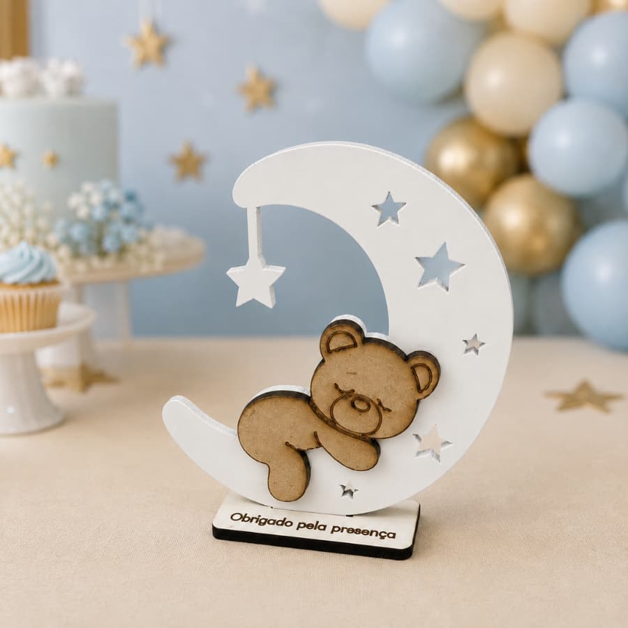 Kit Centro De Mesa MDF Decoração Festa Infantil Urso Na Lua Qualidade Premium