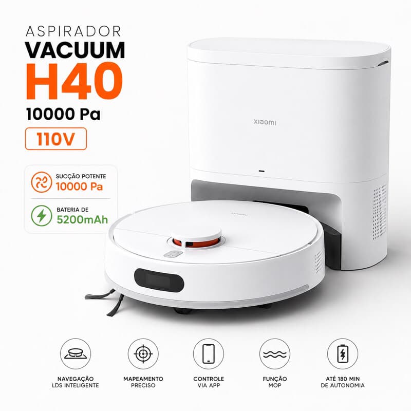 Robo Aspirador De Pó H40 10000 Pa Robot Branco 70w Wi-Fi Robô Inteligente Limpeza "360 Aspira e Esfrega