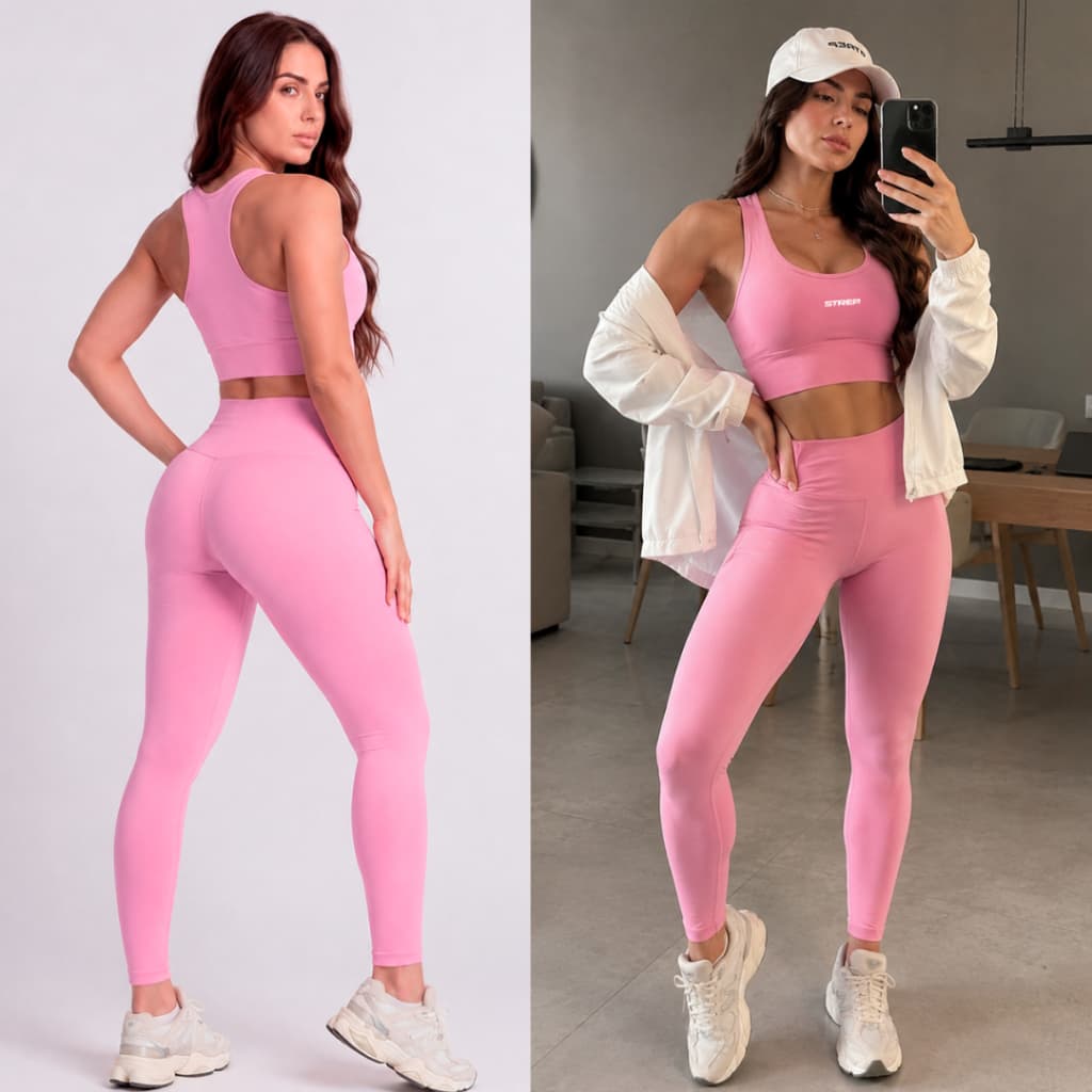 Conjunto Academia Feminino Rosa Top Fitness + Legging Cintura Alta Zero Transparência Suplex Strep