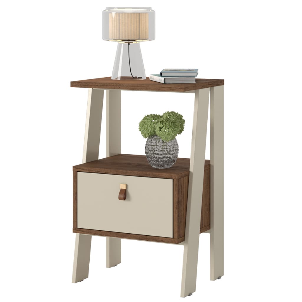 Mesa de Cabeceira Clean Retrô Gaveta Puxador Couro Design Exclusivo Quarto Sala Escritório Compacta