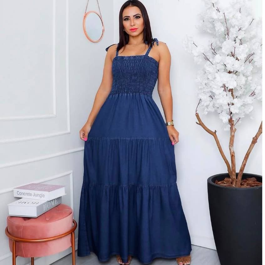 Vestido Jeans Longo Feminino com Lastex e Alças de Amarrar Moda Evangélica
