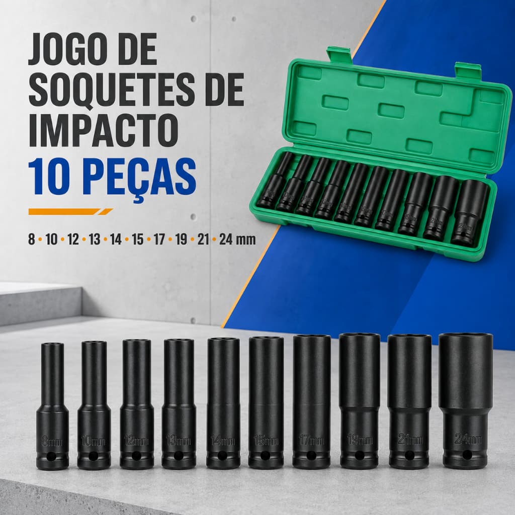 Jogo de Soquetes de Impacto Longo 1/2 10 Peças 8 A 24mm