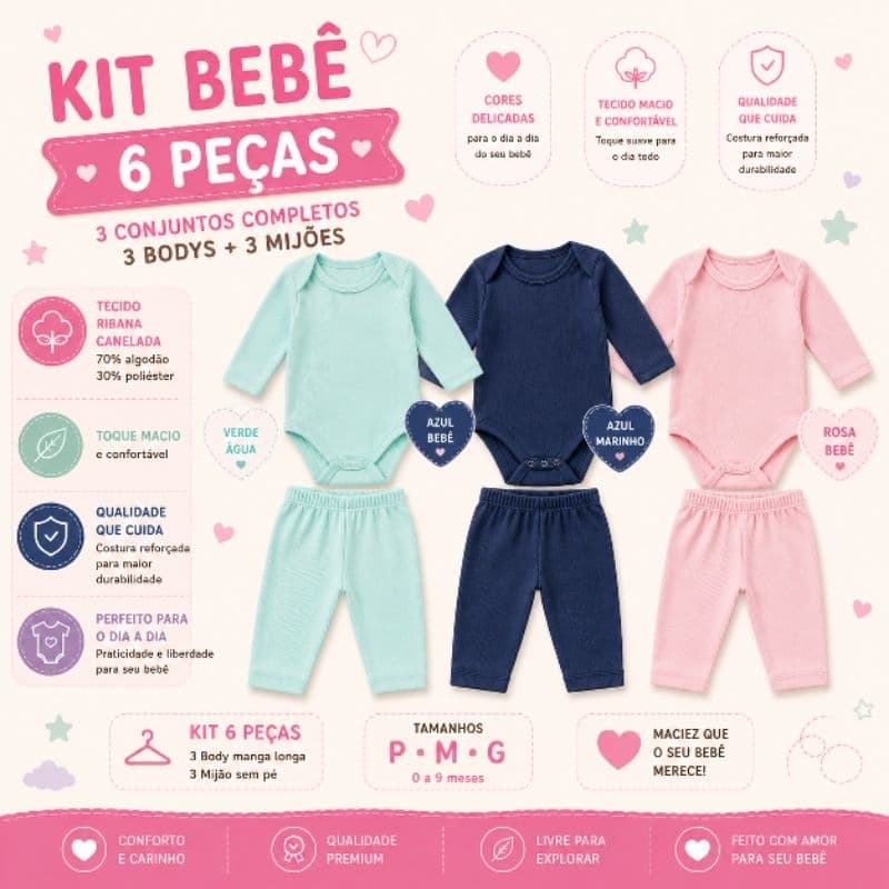 Kit 6 peças para bebê Body e mijão menino ou menina bori bory enxoval bebê