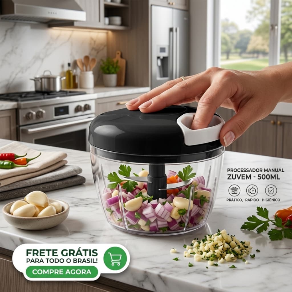 Processador manual multiuso de 500ml com 3 lâminas triturador de alimentos como alho e cebola