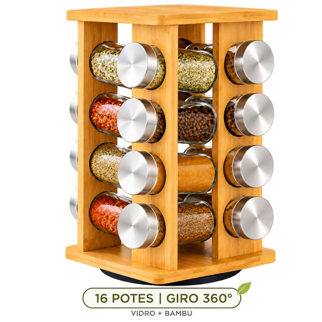 Porta Temperos Giratório 16 Potes de Vidro com Dosador Suporte de Bambu 360° Organizador de Cozinha