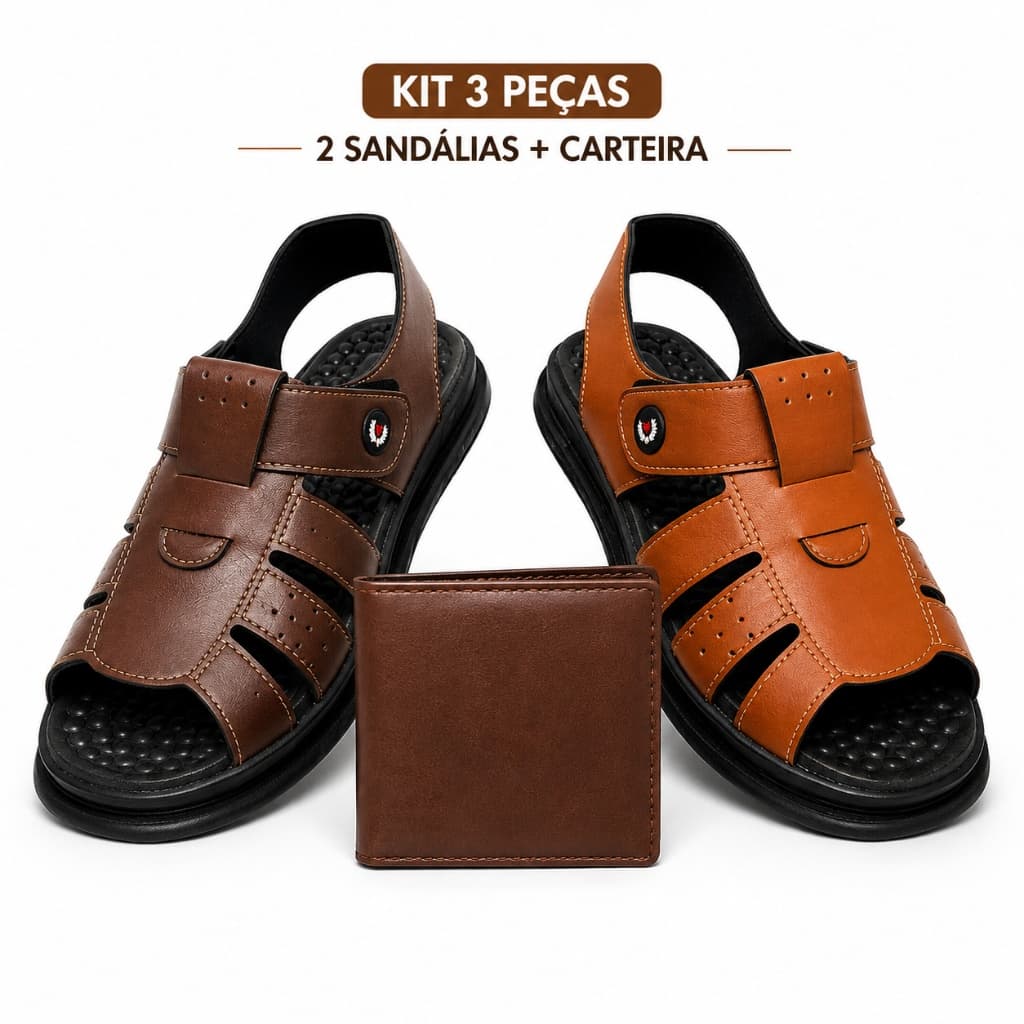 Kit 2 Pares Sandália Ortopédica Masculina Confortável + Carteira Ajustável Antistress