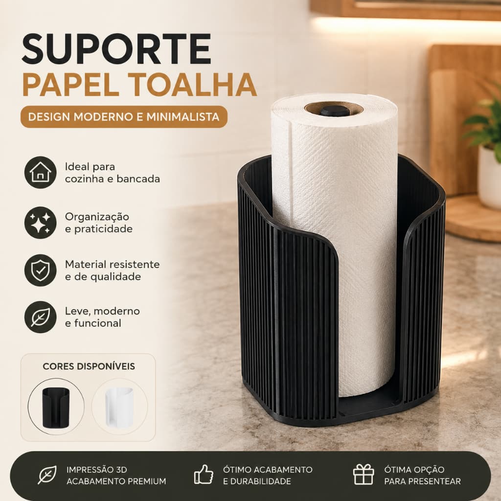 Suporte Porta Papel Toalha de Bancada Japandi Minimalista Cozinha Organizador Impresso em 3D