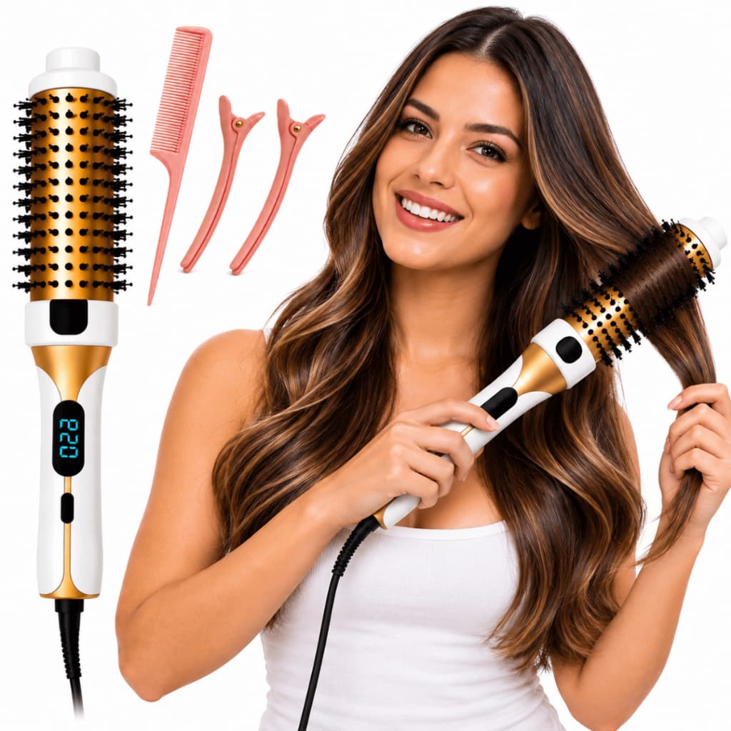 Escova Alisadora Modeladora 2 em 1 Premium Elétrica Aquece Bem Efeito Salão Cachos Cabelo Finalizado Led