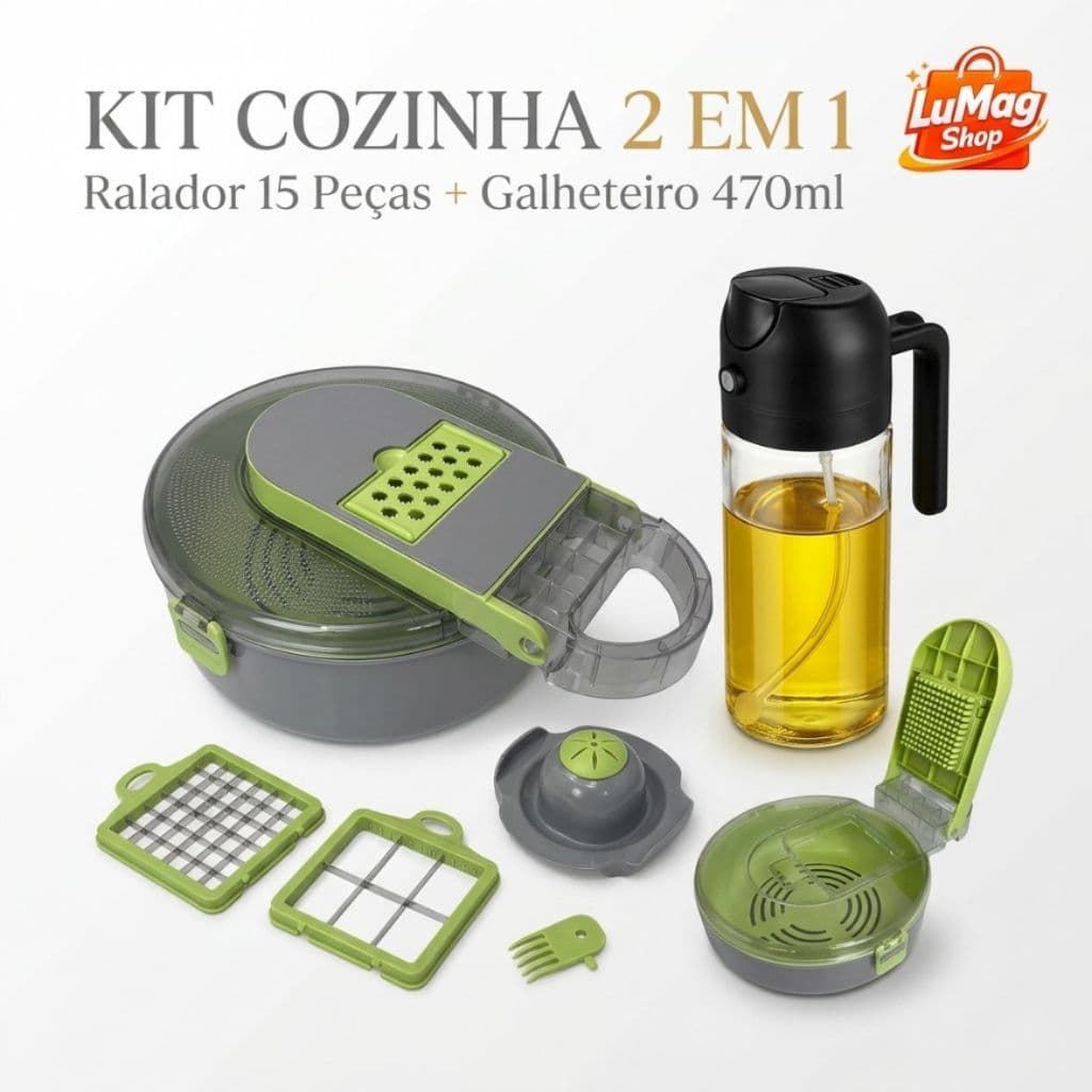 Kit Ralador Fatiador 15 Peças + Borrifador Galheteiro Azeite Vinagre 470ml