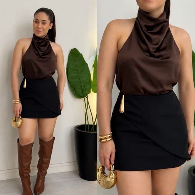 Short Saia Feminino Alfaiataria Elegante Cintura Alta Com Fivela Orgânica Dourada Sofisticada Verão 2026