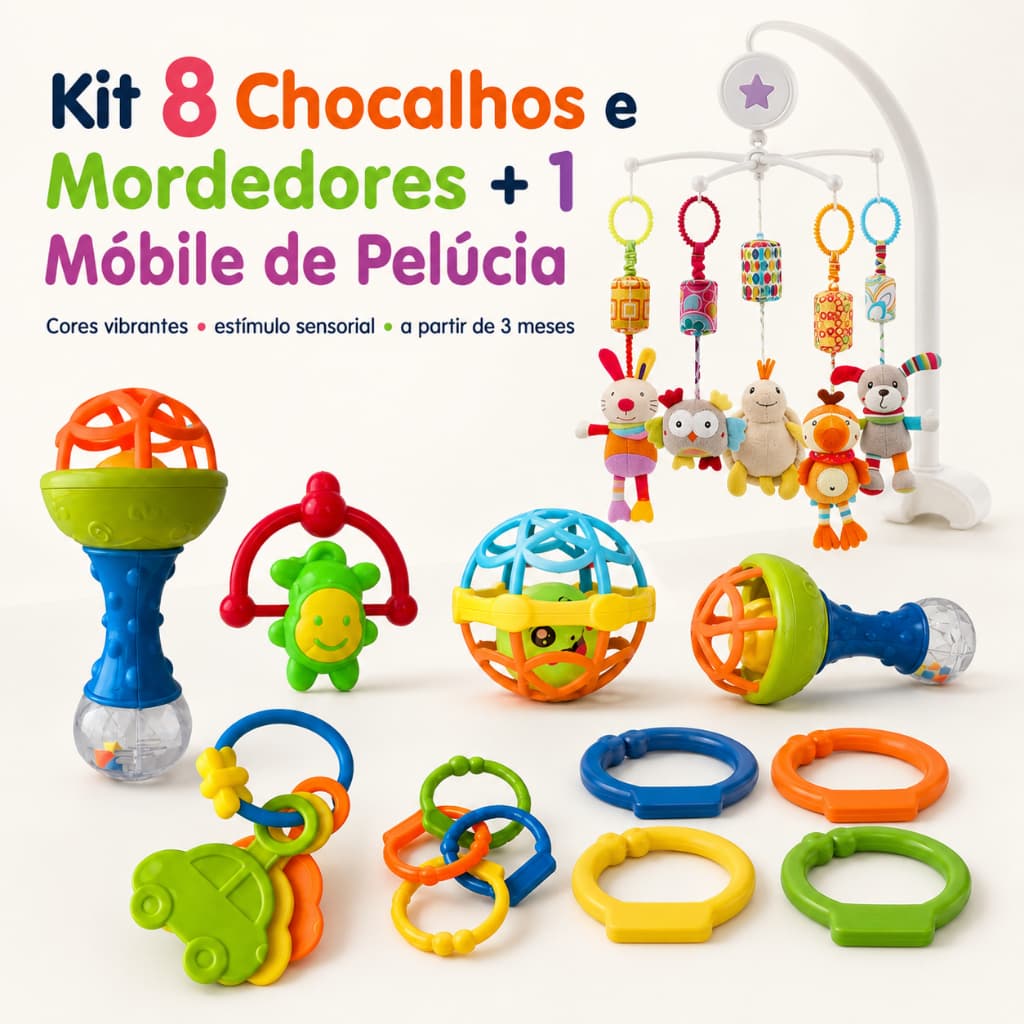 Kit Com 8 Chocalho Mordedores e Móbile Berço Pelúcia Brinquedo Colorido Sensorial Para Bebê