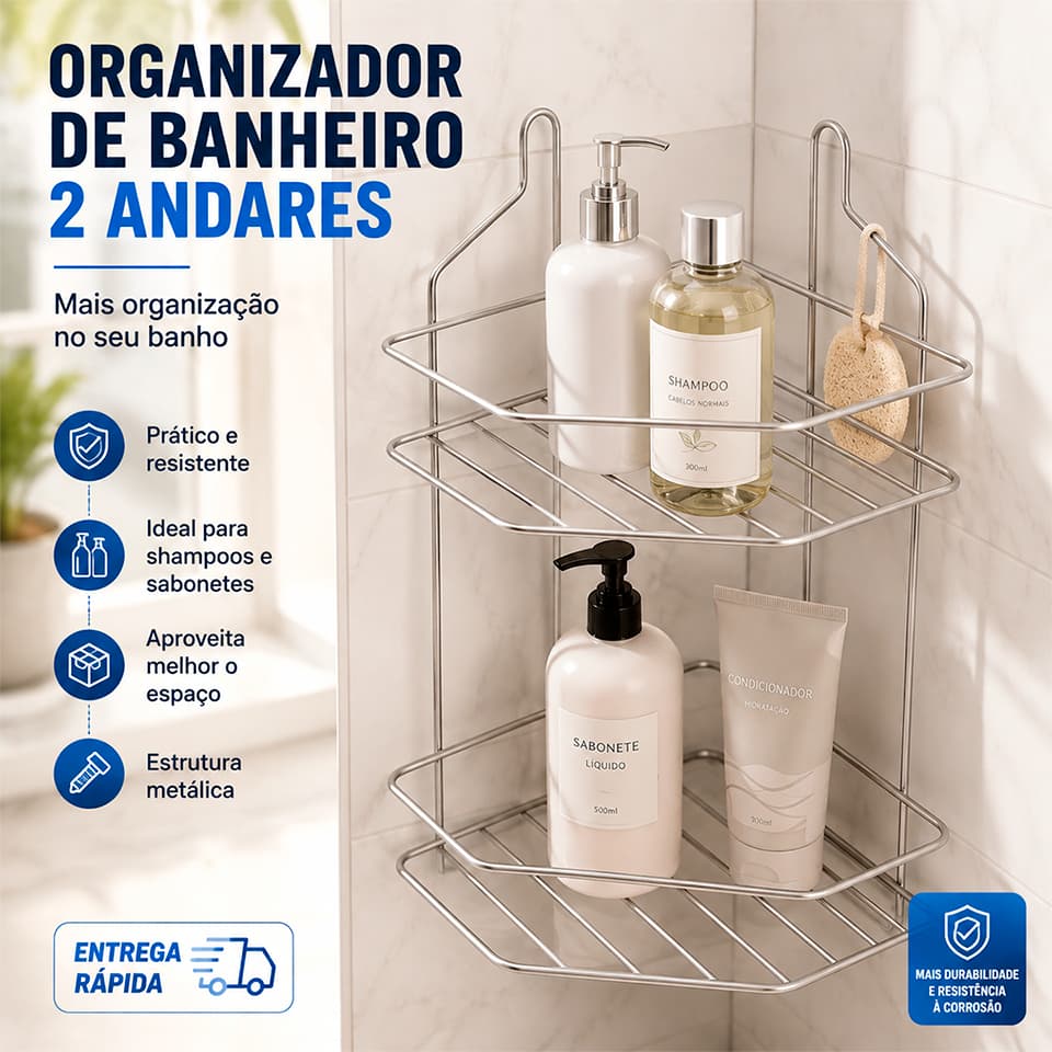 Cantoneira Dupla Banheiro Cromada 2 Andares Porta Shampoo Sabonete Organizador