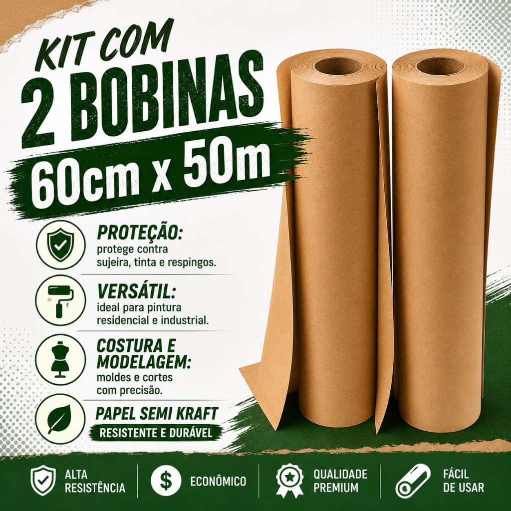 Kit 2 Bobinas Papel Semi Kraft 60cm x 50m para Pintura Mascaramento Embalagens Proteção Pisos e Móveis