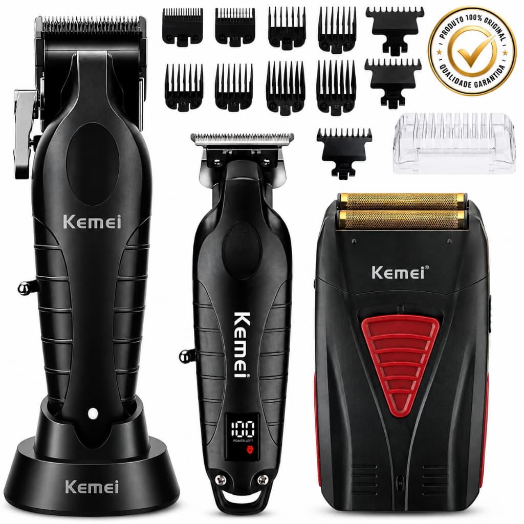 kit 3 máquinas kemei Profissional Máquina de Corte km-2296 + Acabamento km-2293 + Barbeador km-3381 +7500RPM Original