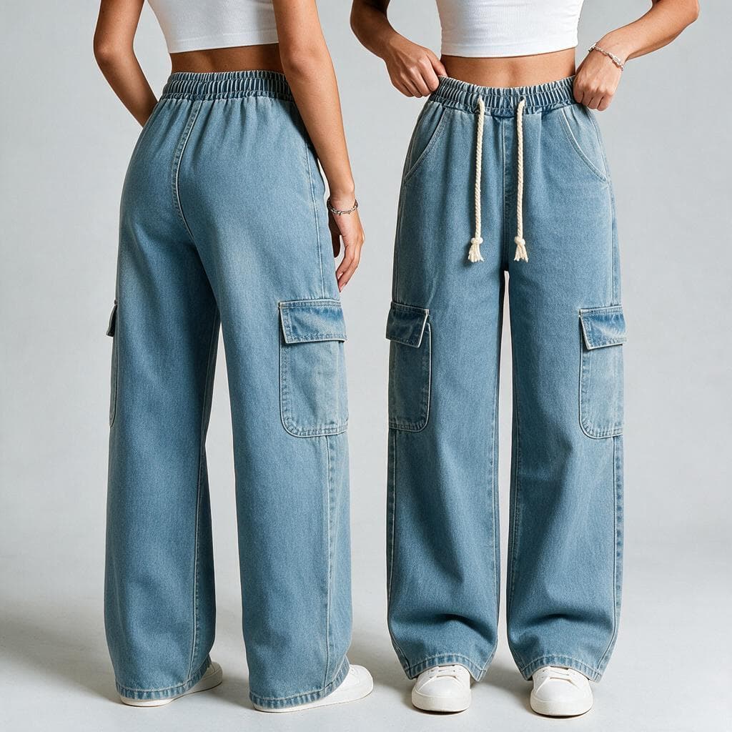 Calça Jeans Cargo Wide Leg Feminina Cós Elástico Com Cordão Bolsos Grandes Confortável Estilo Streetwear Casual