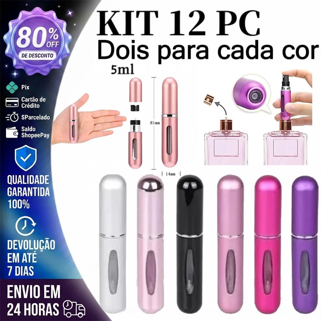 KIT 12 Pcs Porta Perfume Recarregavel Portatil Spray 5ml