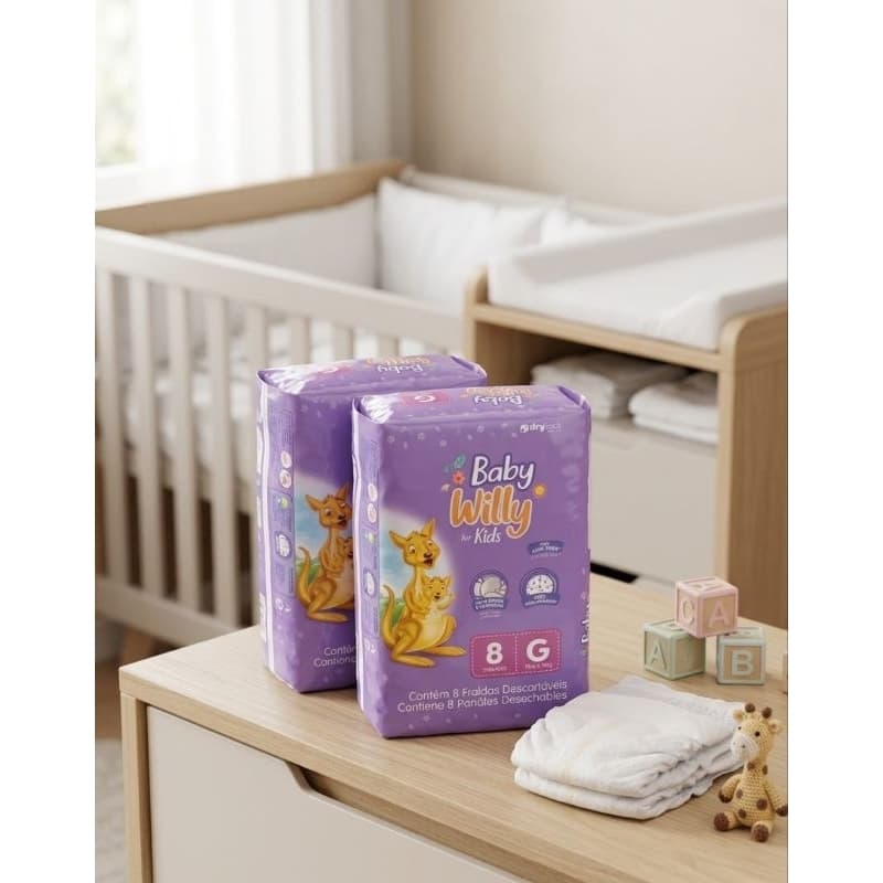 Fralda Descartável Baby Willy For Kids Tamanho G - Pacote com 8 Unidades (10kg a 13kg) | Aloe Vera e Uso Prolongado