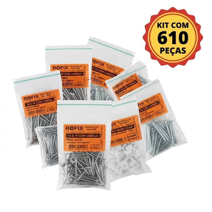 Kit 610 Pregos Sortidos Polidos e de Aço mais Fixa Fio redondo Para Casa e Artesanato