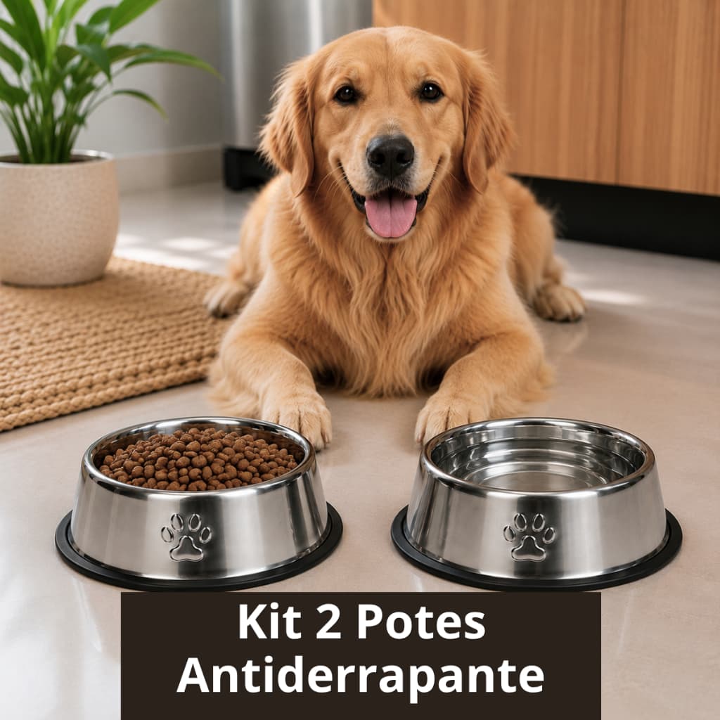 Kit 2 Comedouro e Bebedouro Tigela Redonda Para Cães e Gatos  Antiderrapante 22 CM Inox