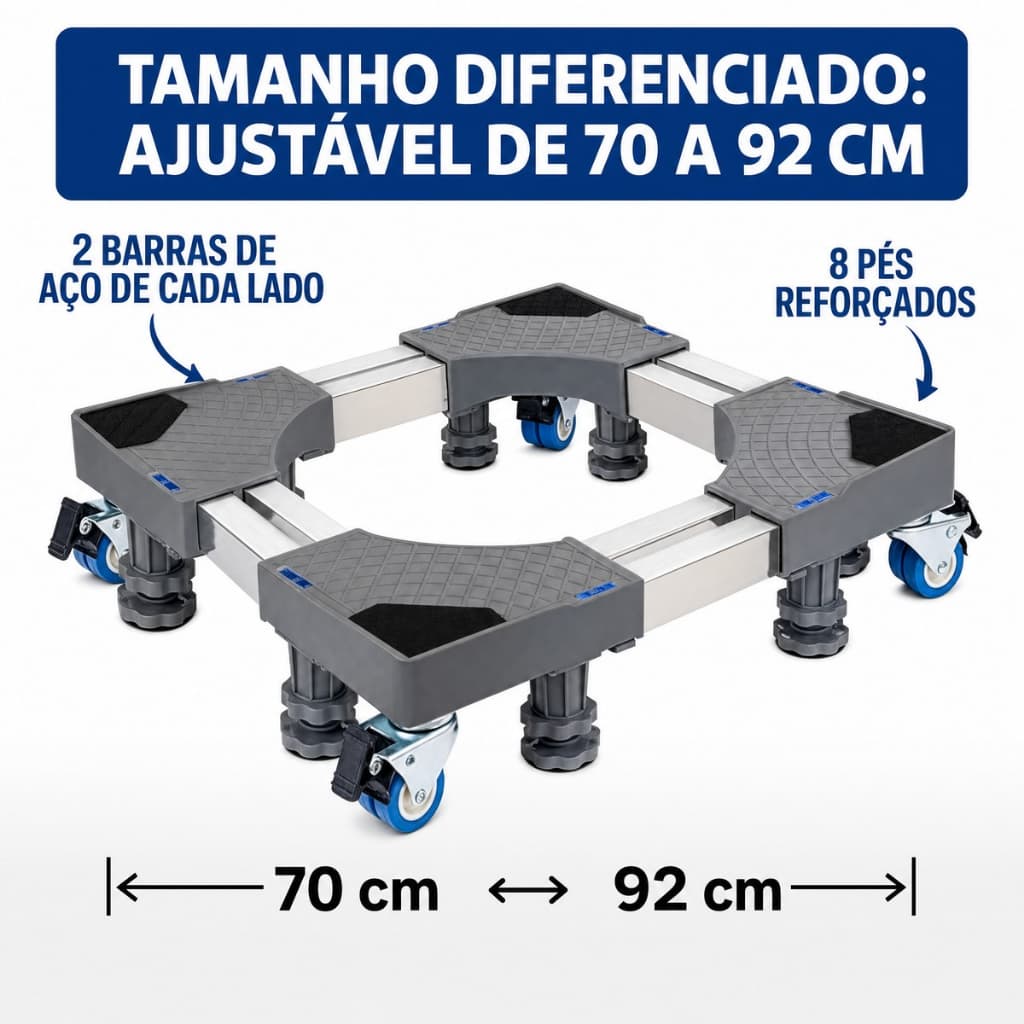 Base para Maquina de Lavar Roupas Grande 13kg + ajustavel 70 a 92 cm até 400kg Barra Aço inox duplas com 8 pes