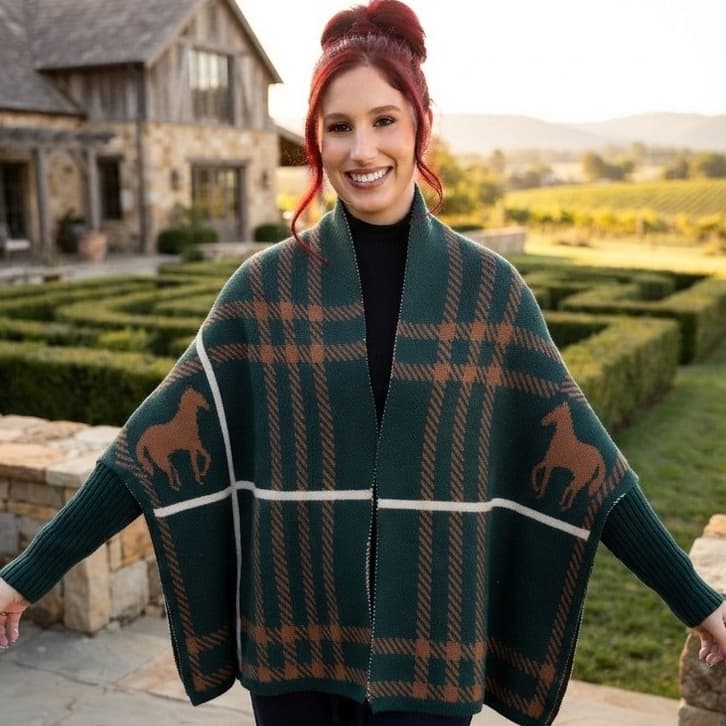 Manta Larga C/ Mangas Campeira Cavalo Bridão Gaúcha Tricot Inverno Pampa Pala Ruana Rodeio Country Capa Feminina
