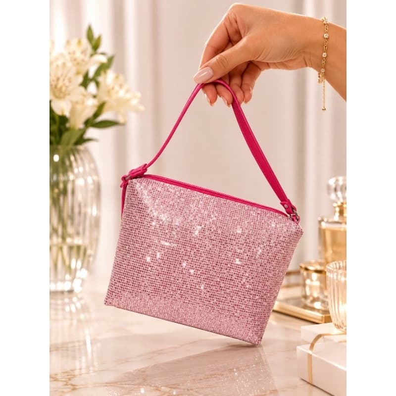 Bolsa de festa glitter rosa, elegante, acessório para look de festa. Espaçosa sem divisão.