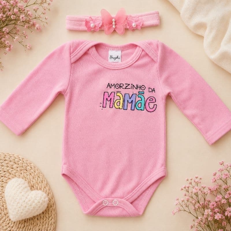 Body Bebê Menina Rosa Manga Longa + Faixinha de Cabelo Florzinha | Roupa Infantil