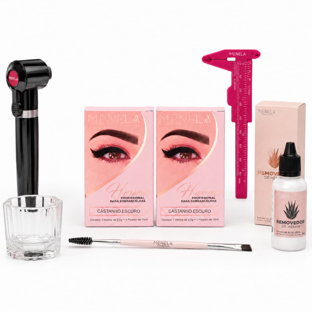 Kit Henna Sobrancelha Castanho Escuro Menela Profissional 2 Hennas Removedor Paquímetro Pincel Mixer Dappen