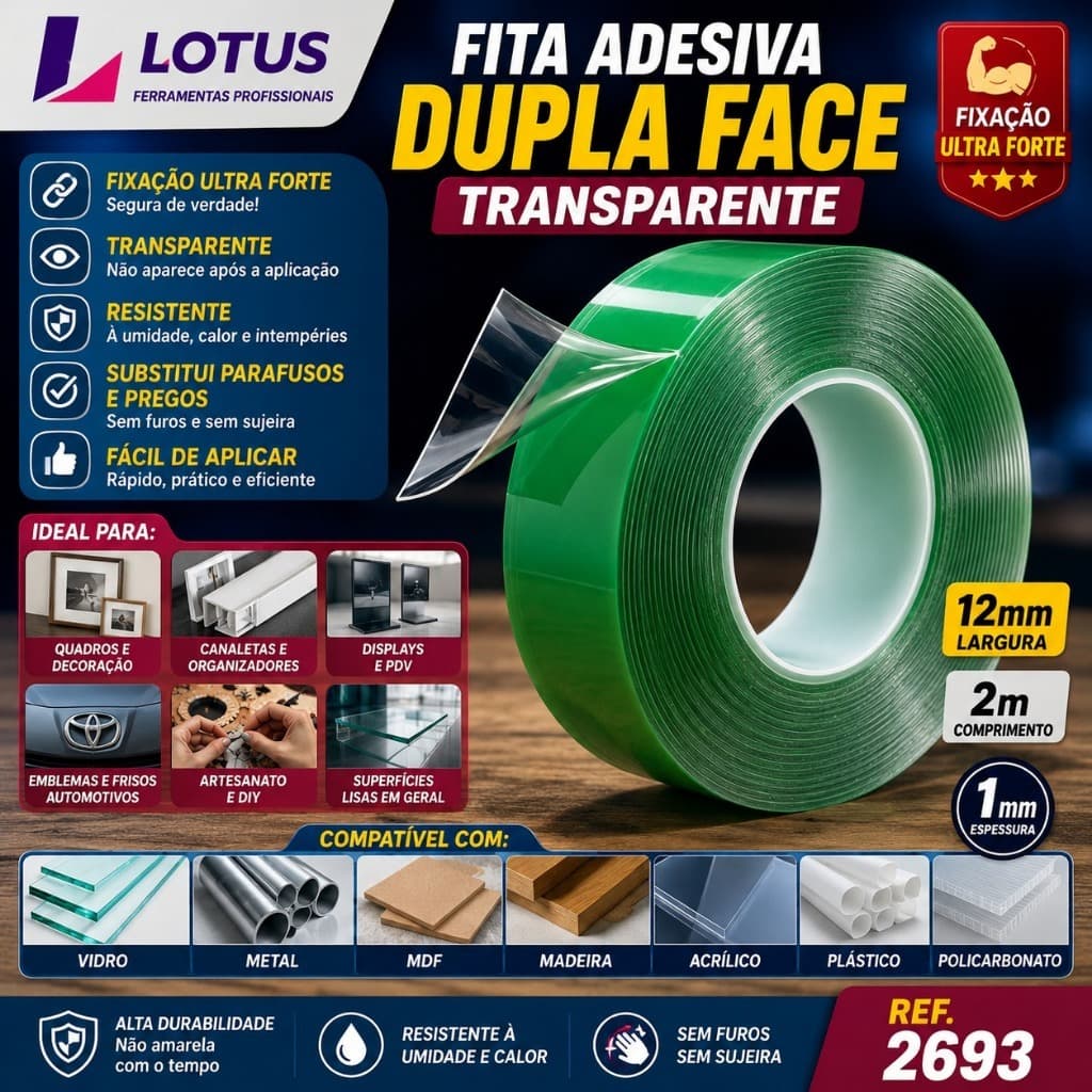 Fita Dupla Face Acrílica 12mm x 2m | Fixa Forte | 2693