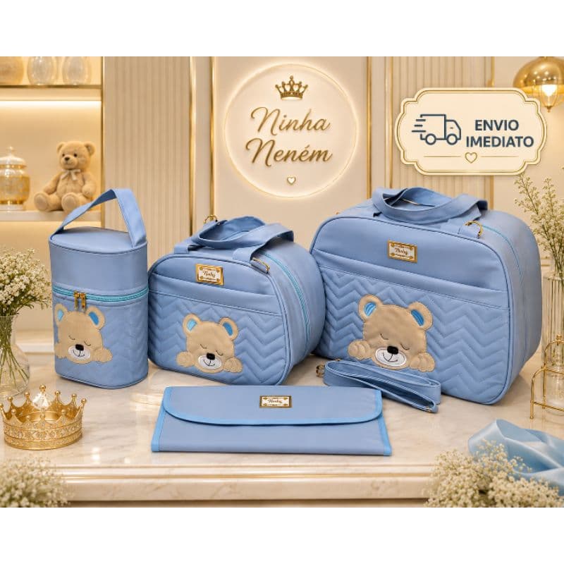 Kit Bolsa Mala Maternidade Luxo menino 4 Peças azul bebê urso