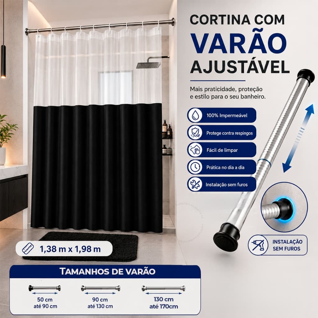 Cortina Box Visor Vinil + Varão Suporte Extensível Resistente Banheiro Anti Mofo Com Ganchos Alta Qualidade