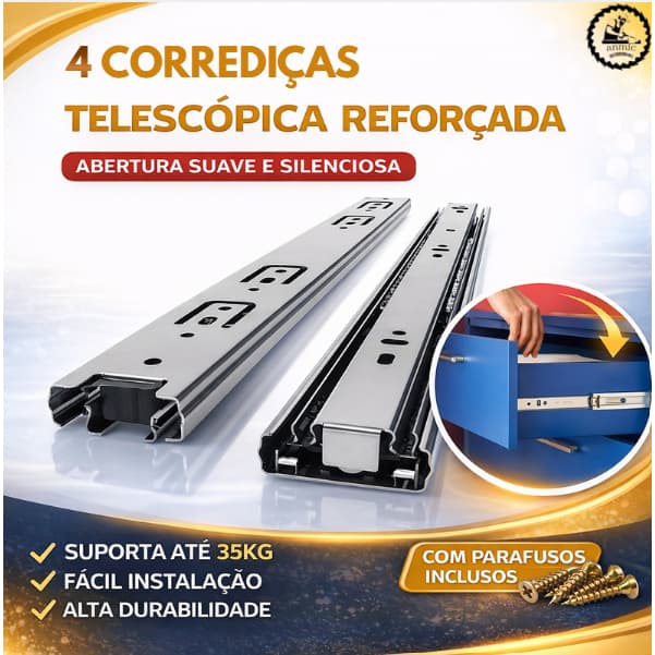 Kit 4 Corredica Trilho Telescopica Larga Reforcada Gaveta Armario 30cm 35cm 40cm 45cm 50cm 2 Pares