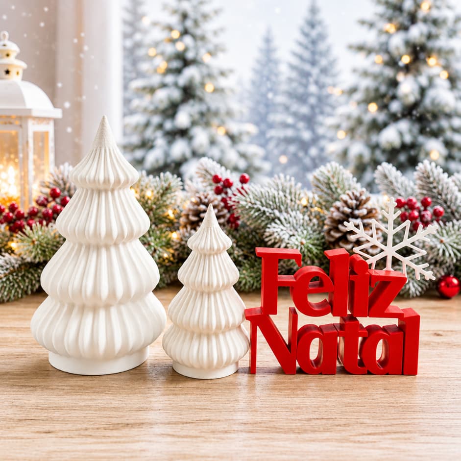 Enfeites de Natal Kit com 2 Árvores e Feliz Natal Decoração para Mesa Estante Sala Presente Natalino Moderno