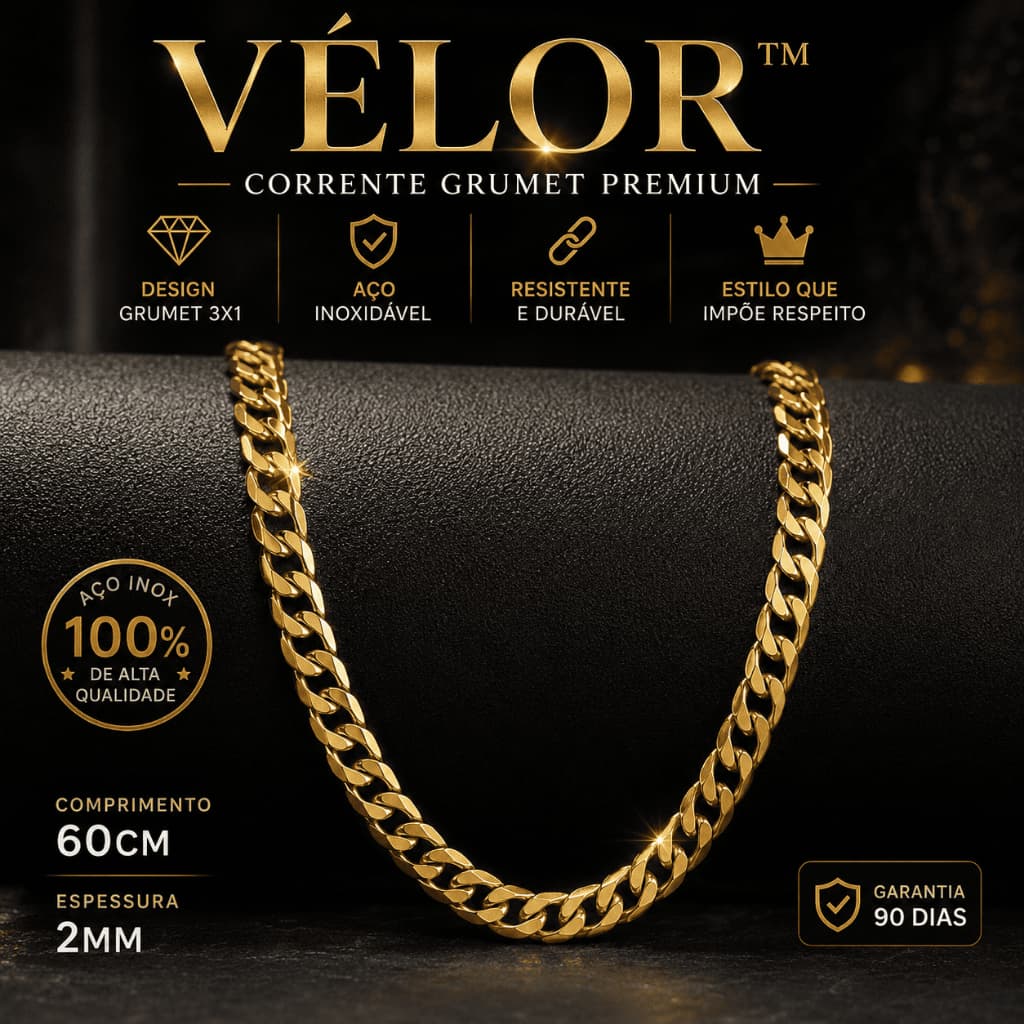 Corrente Grumet Masculina Aço Inoxidável 3x1 Dourada 60cm