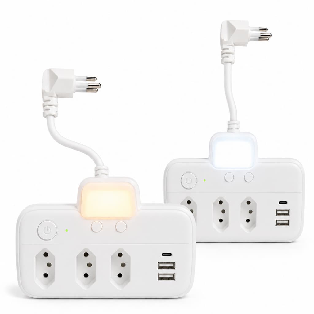 kit com 2 Extensão Elétrica Tomada Filtro de Linha Cabo curto com Luz Noturna Tipo C + USB - Carregamento Inteligente