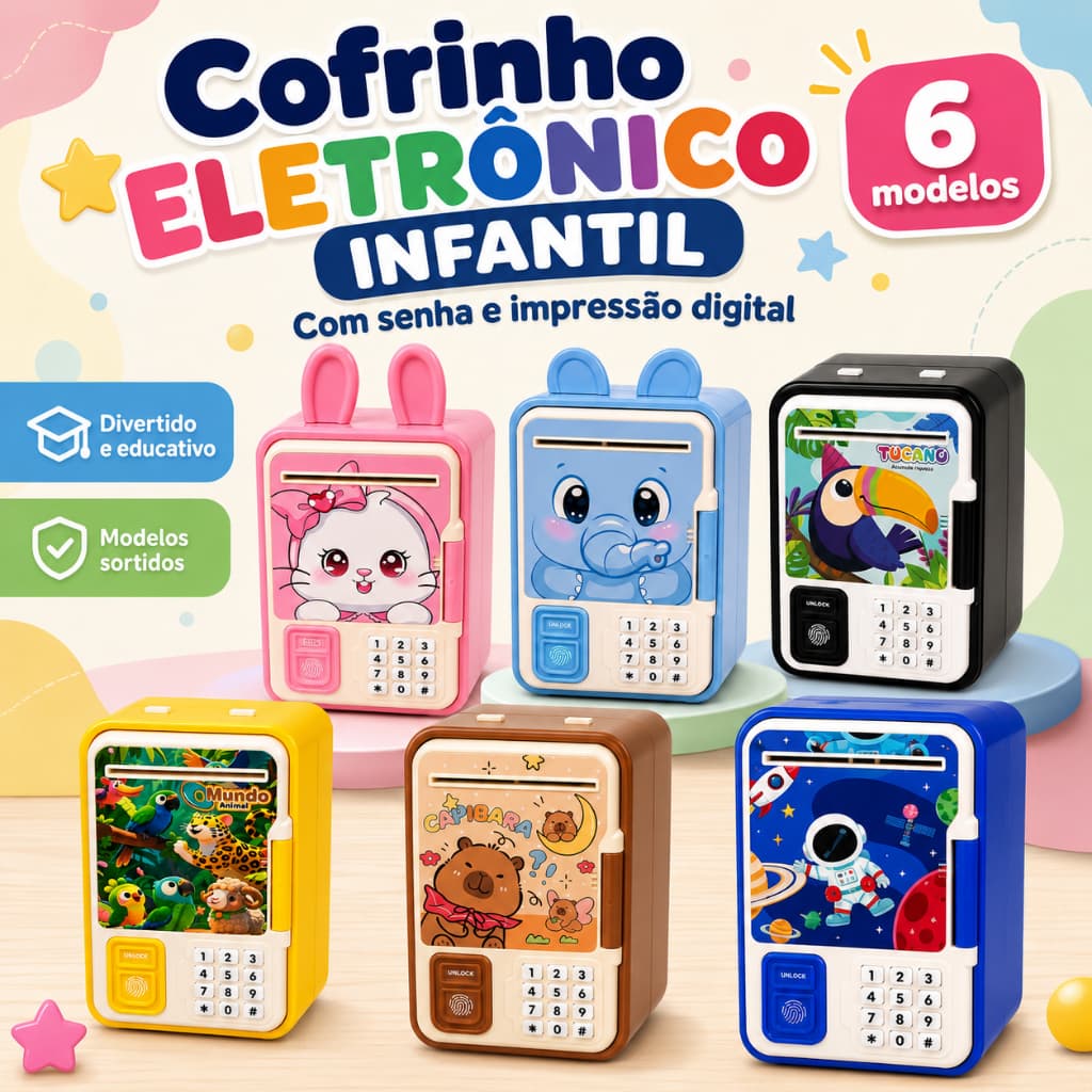 Cofrinho Eletrônico Infantil Cofre com Senha e Impressão Digital para Moedas e Notas Brinquedo