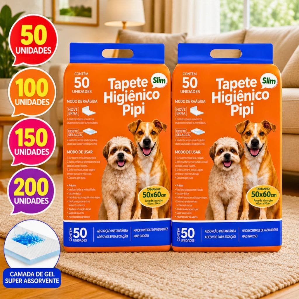 Tapete Higiênico para Cães Pacote 50 Unidades 50x60cm com Fralda de Gel Absorvente Ideal para Cães de Estimação