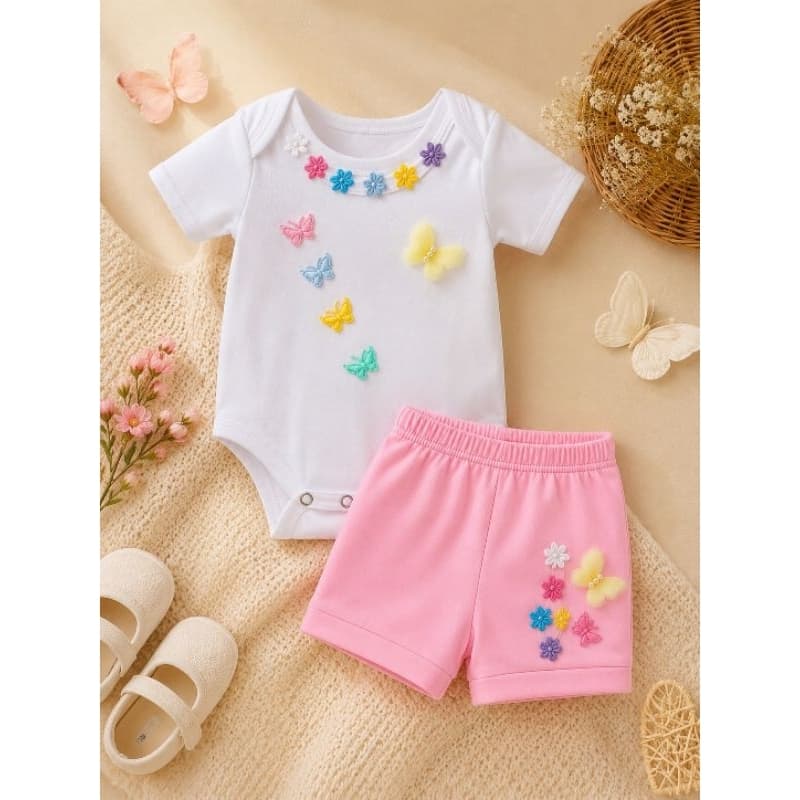 Conjunto Bebê Menina Body Branco + Short Rosa Floral Borboletas Verão