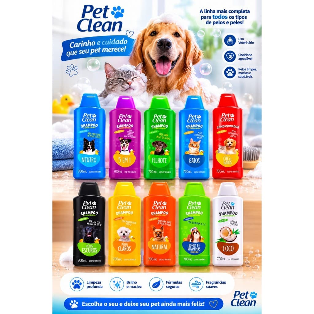 Shampoo e Condicionador Pet Shop para Cachorro e Gato Pet Clean - 700ml