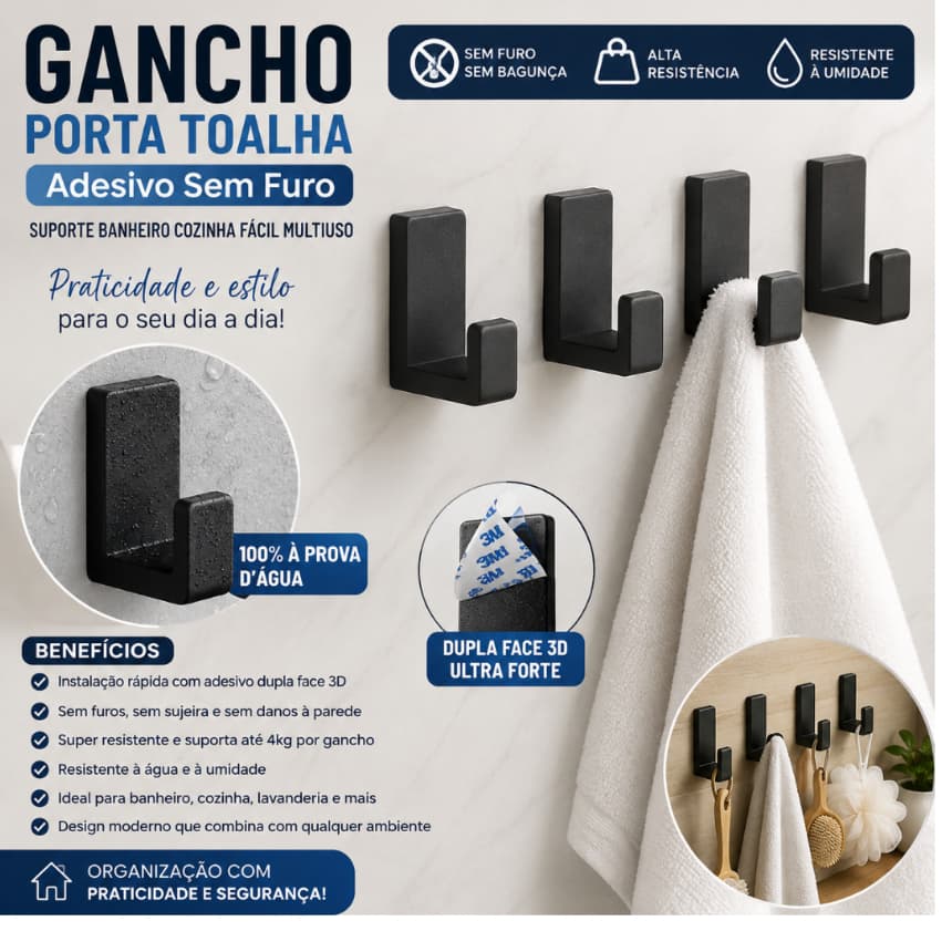 Gancho Porta Toalha Adesivo Sem Furo – Suporte Banheiro Cozinha Fácil Multiuso