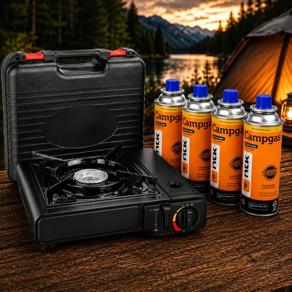 Kit Fogareiro + 4 Refil Ntk 227g Camping Fogão  Portátil Pesca Camping Com Acessórios Com Maleta