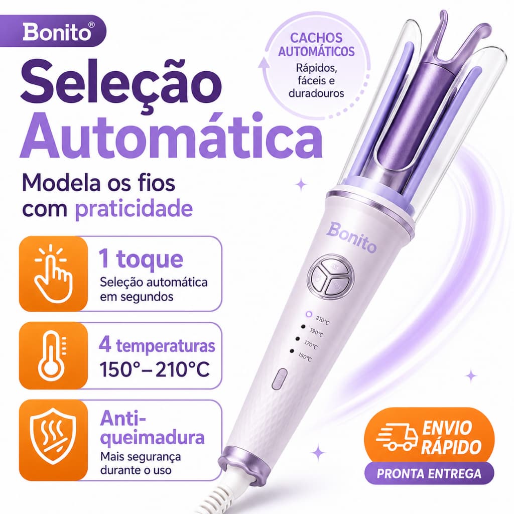 Bonito Modelador de Cachos Automático 26mm Bivolt 110-240V Cacheador de Cabelo 27W 4 Temperaturas Rotação Automática