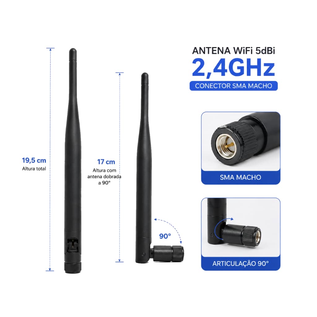 Antena WiFi 2,4GHz 5dBi SMA Macho pino Central Preto 19,5cm Omnidirecional P/ Roteador Repetidor Placa Rede Alto Alcance