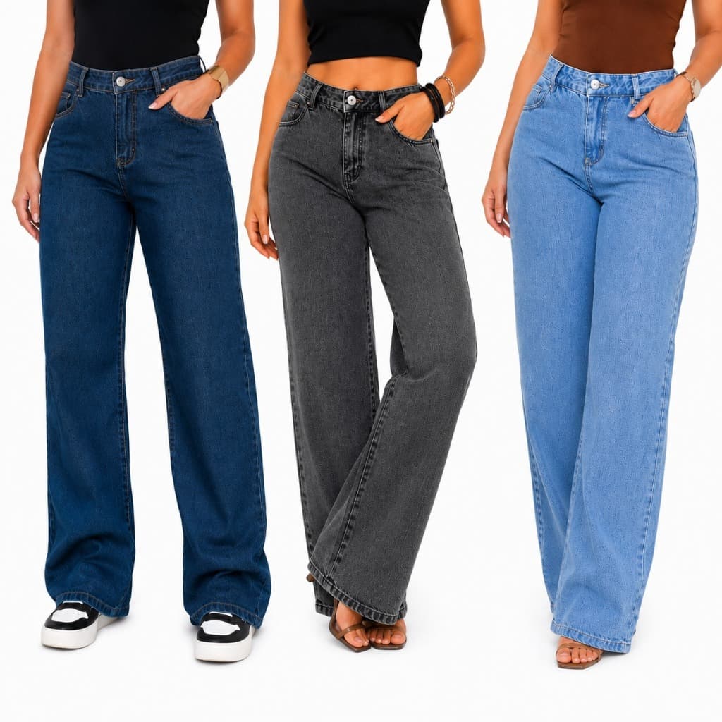 Calça Jeans Feminina Wide Leg  Cintura Alta Tecido Grosso Marmorizada Linha Premium
