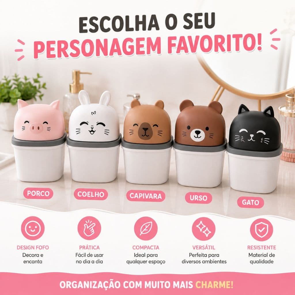 Mini Lixeira Infantil Fofa Bixinho Com Tampa Multiuso Cozinha Quarto Banheiro Lixeira Orelhinha