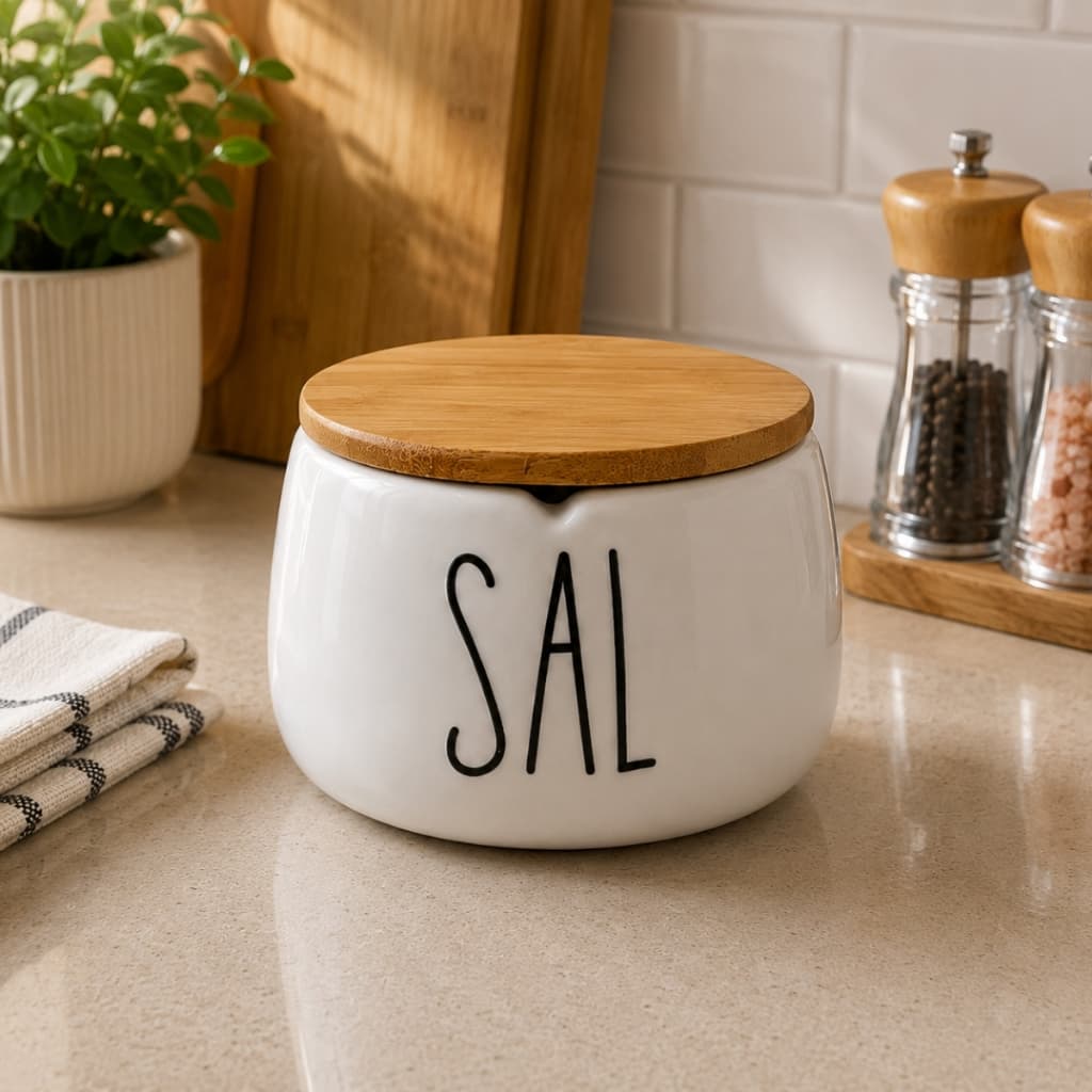 Pote Para Cozinha Porta Tempero Sal Hermético Saleiro Cerâmica tampa de Bambu Madeira Branco 600ml