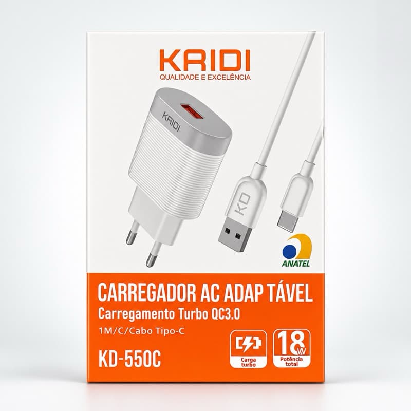 Carregador Turbo Kaidi KD-550C 18W QC3.0 + Cabo Tipo-C - Carga Rápida Android