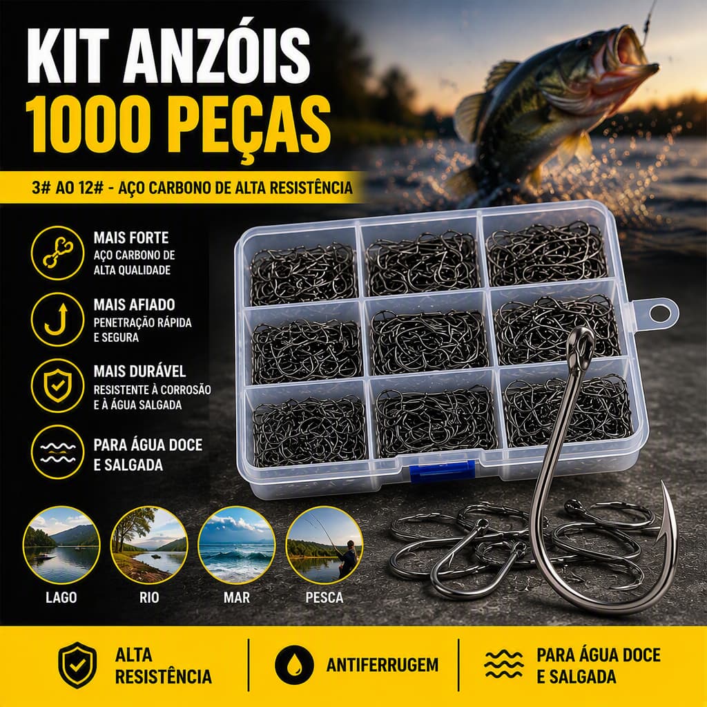 Kit Anzol de Pesca Aço Carbono 11 Tamanhos 3 ao 12 para Pesca em Rio Lago e Mar Água Doce e Salgada Anti Ferrugem