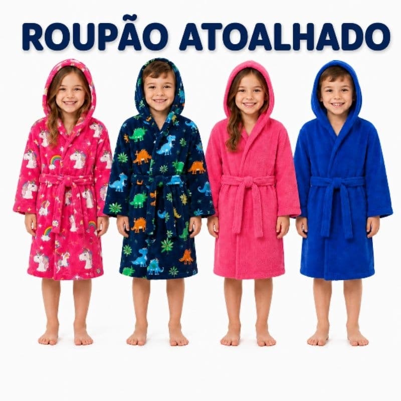 Roupão Infantil Atoalhado com Capuz Menino Menina Tamanhos 02 ao 14 Várias Cores