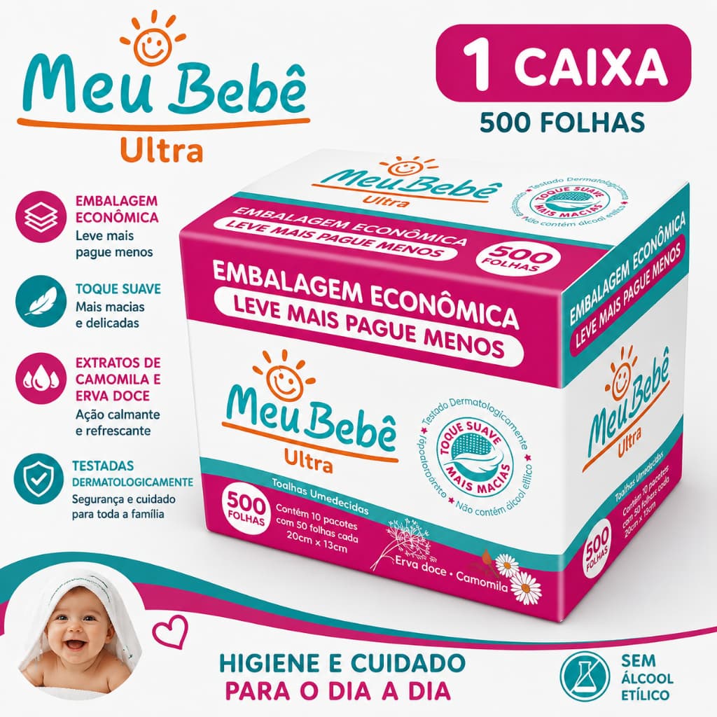 Lenço Umedecido Meu Bebê Ultra Camomila – Caixa com 500 Unidades (10 Pacotes)
